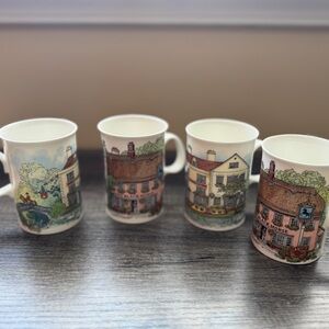 Vintage Dunoon "Village Inn's" Fine Bone China by Sue Scullard | Set of 4 Mugs